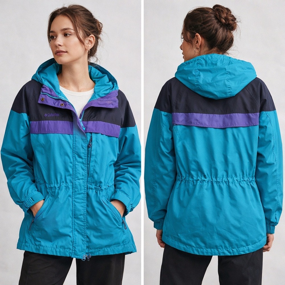 Columbia Vintage Colorblock‎ Windbreaker Hooded Jacket Teal Purple Navy Womens L